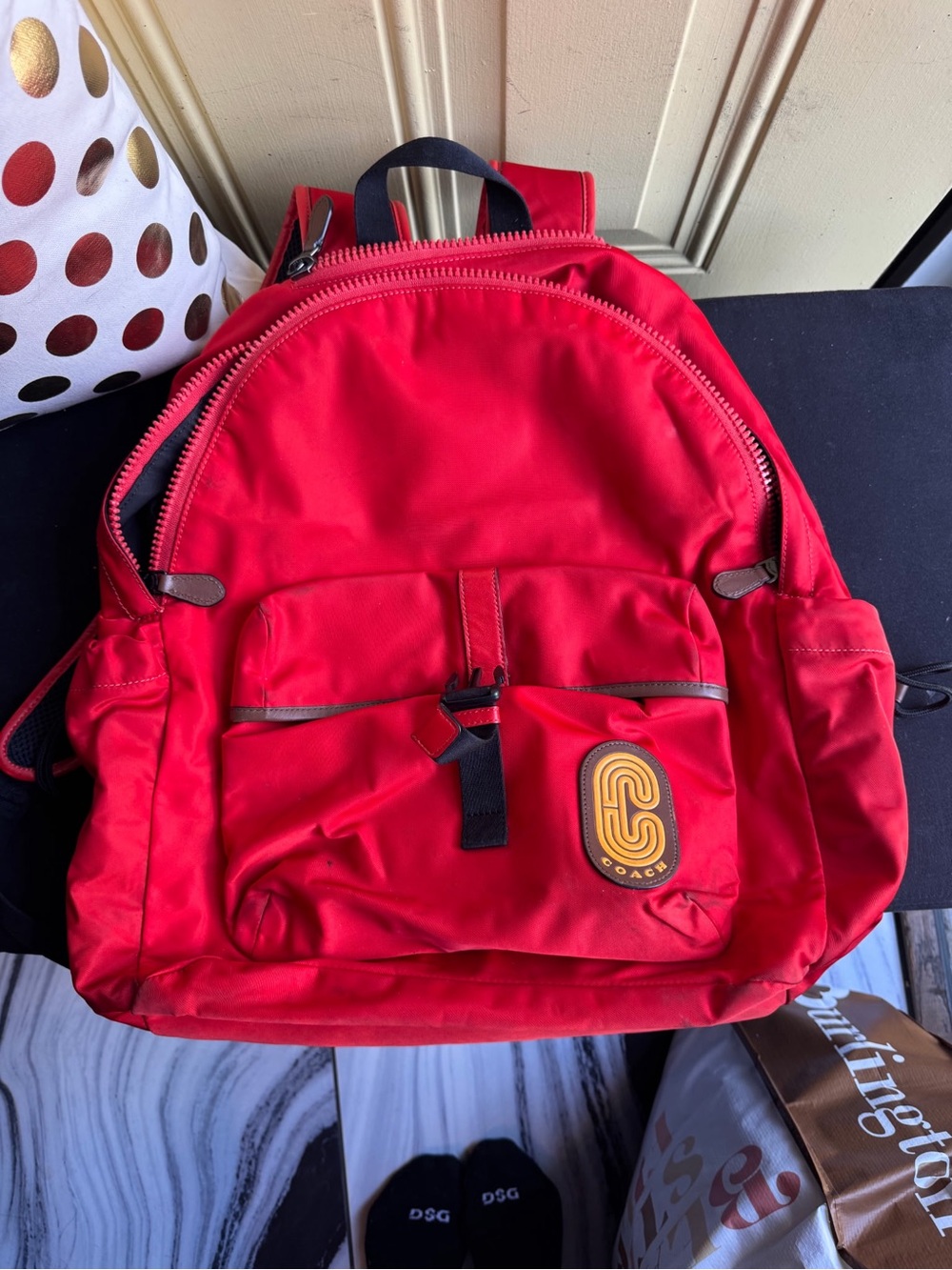 Coach Red Nylon Backpack with Logo Patch